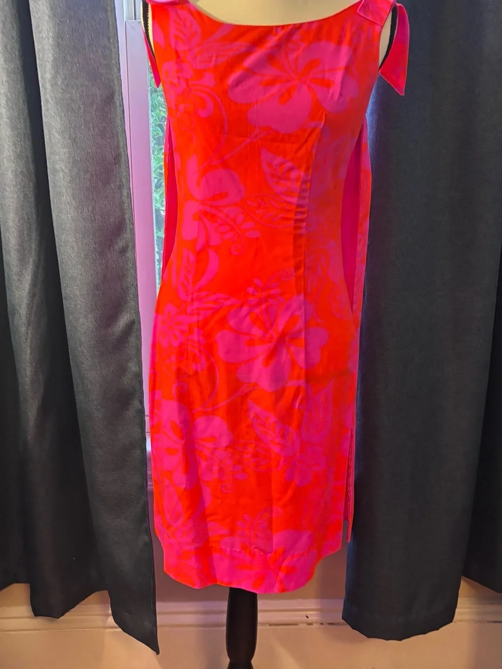 Vintage Vibrant Pink and Orange Floral Midi Dress w/Tie-Shoulder Detail -Size 8